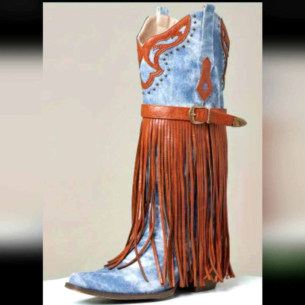 NIB Western Cowgirl Mid-Calf Denim with Brown Leather Tassels